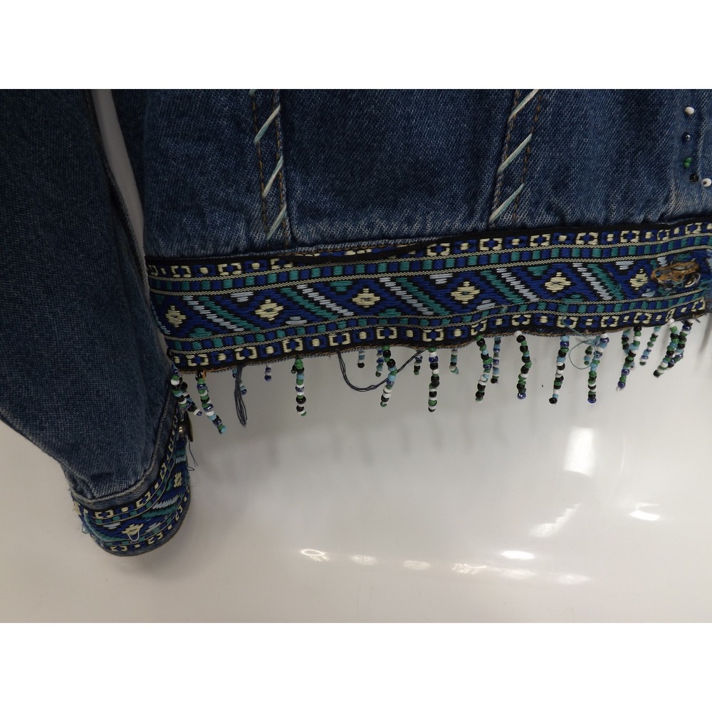 Womens Embellished Denim Jean Jacket Blue Beaded Western Trucker Style L Large - Picture 11 of 16